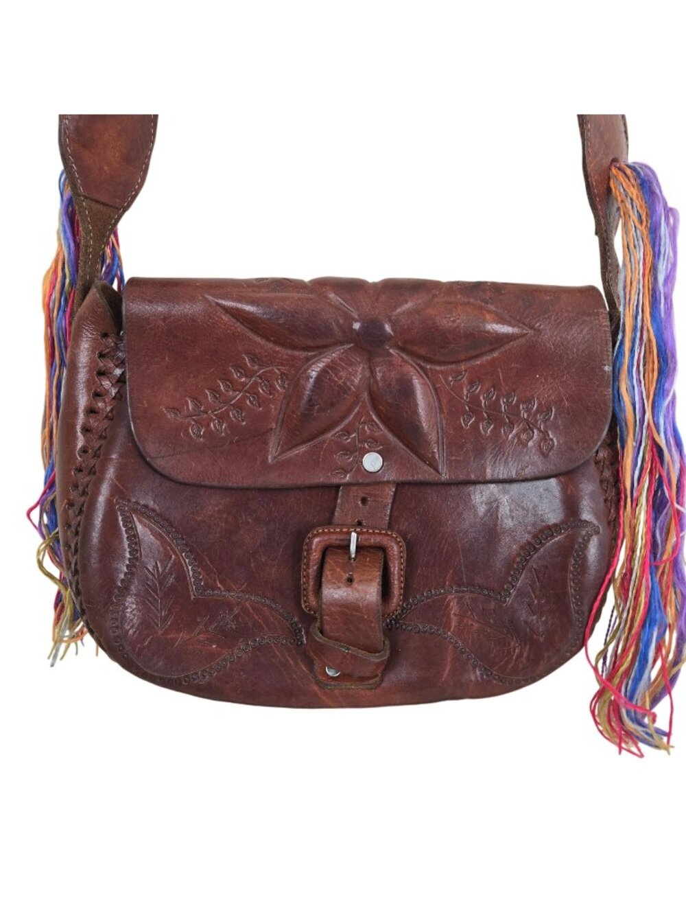 Vintage Hand Tooled Brown Leather Crossbody Bag Colorful Strap Floral Purse